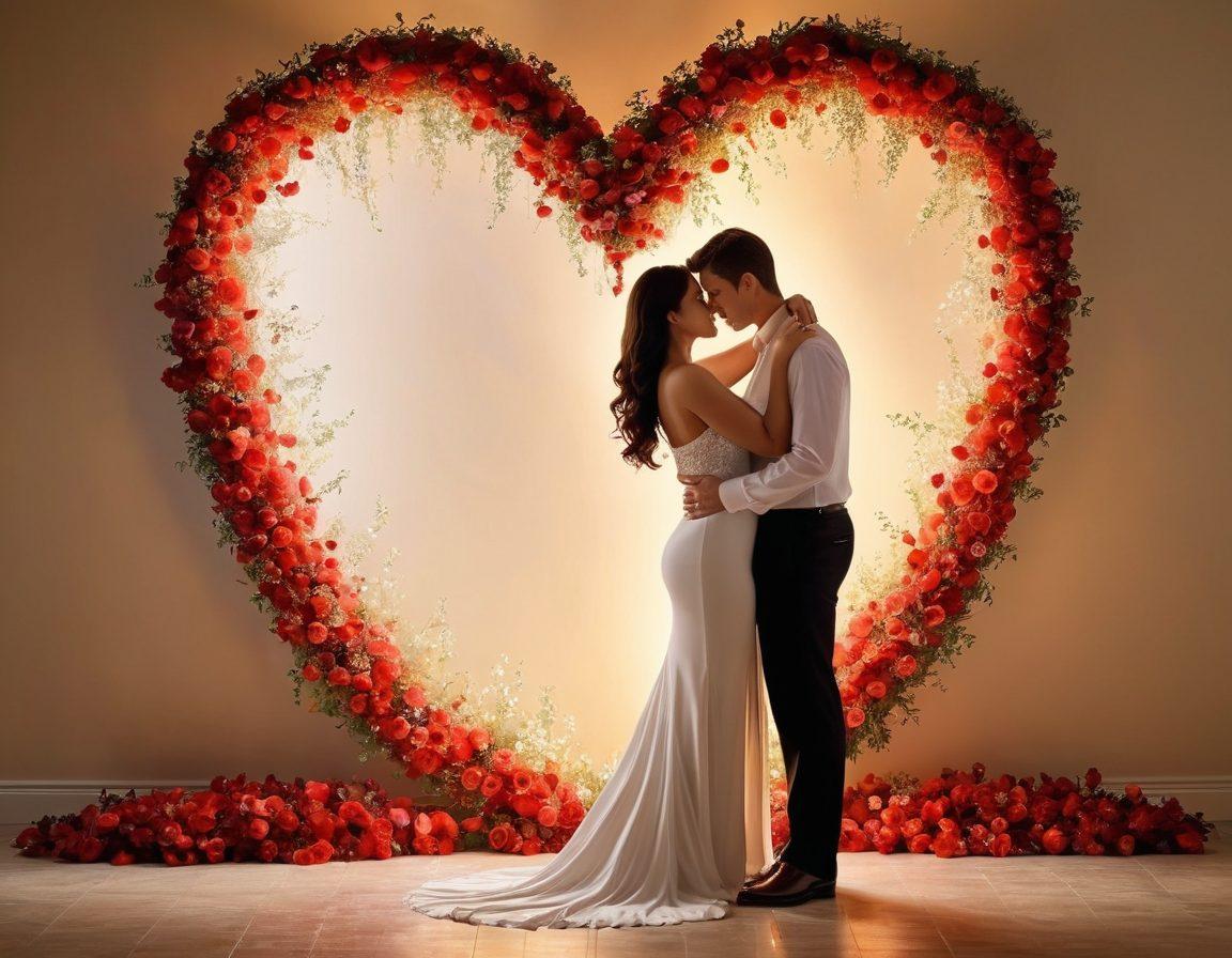 A thoughtful intimate scene depicting a couple embracing, highlighting the woman's graceful curves, symbolizing love and connection. Surround this moment with soft, warm lighting, and include elements like heart shapes subtly integrated into the background. The setting should convey a sense of comfort and deep affection, with delicate floral accents enhancing the romance. super-realistic. vibrant colors. soft-focus background.