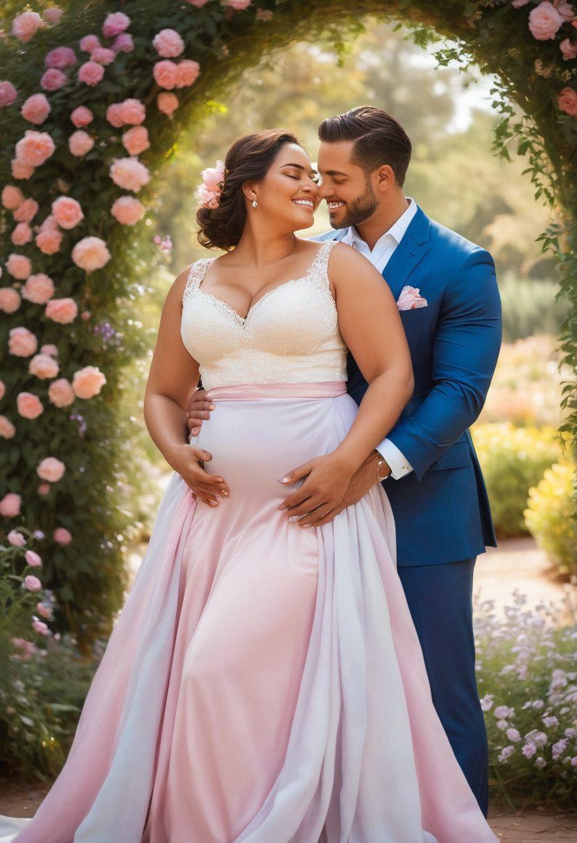 A warm, romantic scene featuring a diverse couple embracing, showcasing the beauty of large hips with confidence. The background is filled with soft, pastel-colored flowers symbolizing love and acceptance. The couple smiles joyfully, dressed in flowing, elegant outfits that accentuate their curves. Gentle sunlight bathes the scene, creating a serene and inviting atmosphere. Painted in an impressionistic style with vibrant colors.